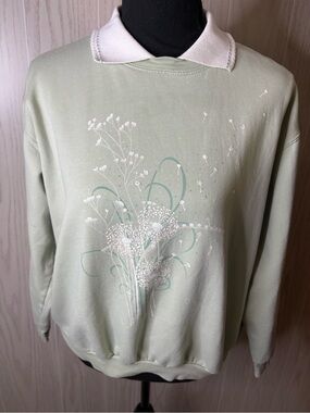 Vintage 80’s Medium Mint Green Dandelion Crewneck Sweatshirt Collar Cottagecore
